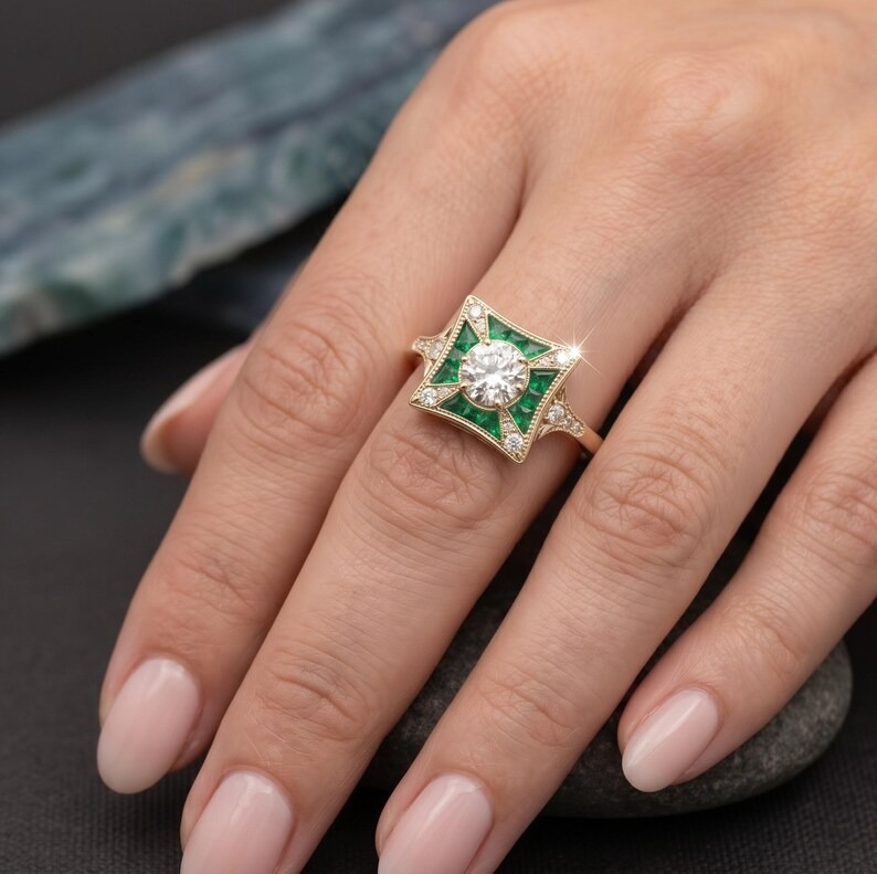Green Emerald & Moissanite Ring, Art Deco Cluster Engagement Ring, Princess Cut Ring, Antique Style Green Stone Ring, Geometric Bridal Ring
