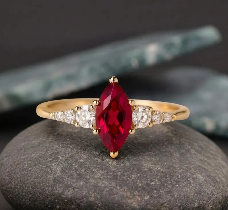 Vintage Inspired Ruby Ring, Marquise Cut Red Gemstone Ring, Diamond Round Accent Ring, Elegant Promise Ring for Women, Handmade Fine Jewelry