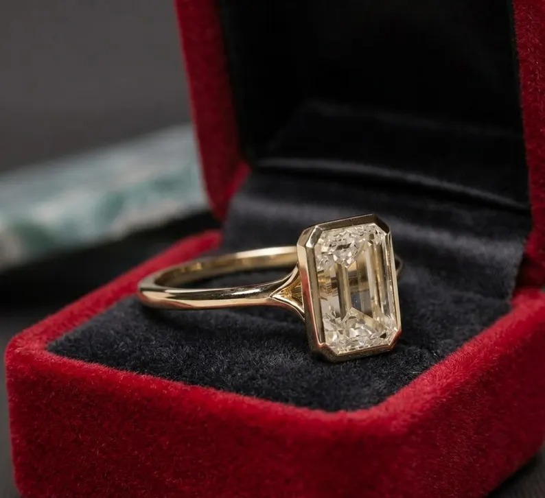 3 CT Emerald Cut Moissanite Engagement Ring 14K Gold Ring Bezel Set Wedding Rings Moissanite Bezel Set Solitaire Ring Promise Ring for Women