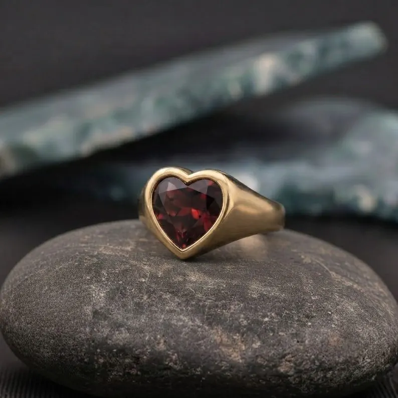 Heart Cut Garnet Bezel Engagement Ring, 9K Rose Gold Solitaire Ring, January Birthstone Heart Shape Ring Gift for Her, Promise Gift Ring