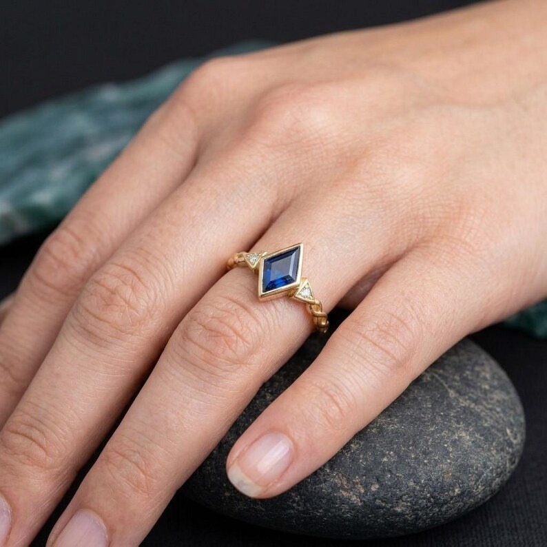 Unique Kite Cut Sapphire Ring, 14K Solid Rose Gold Engagement Ring, Vintage Side Accent Cluster Ring, Dainty Statement Jewelry Gift for Her