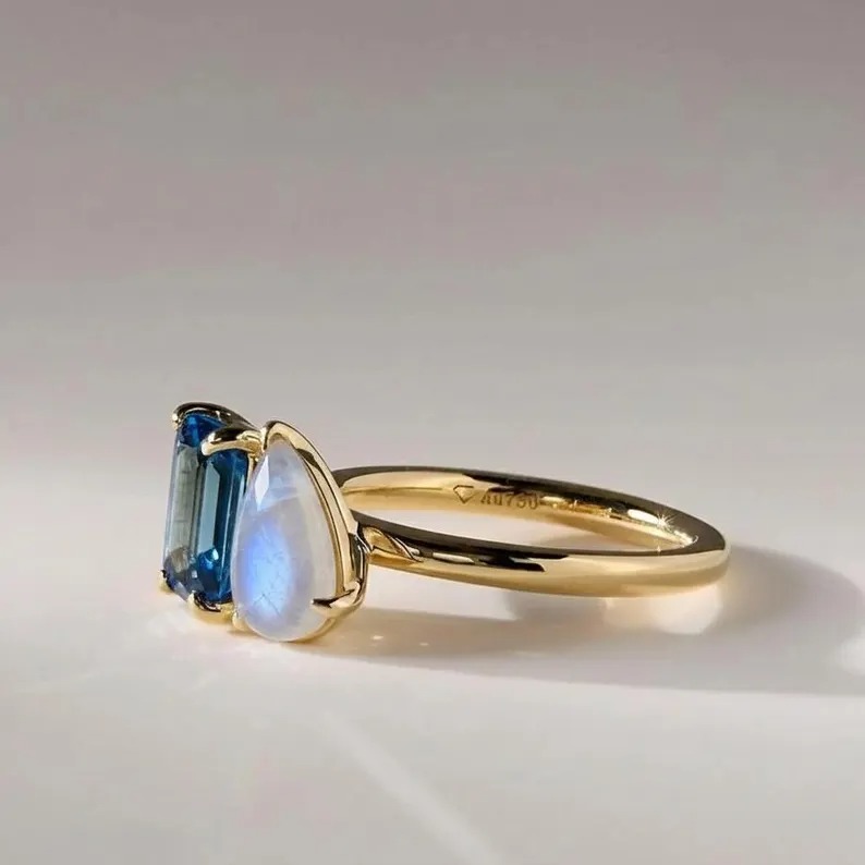 Toi Et Moi London Blue Topaz Engagement Ring, Topaz & Moonstone Wedding Ring, Antique Two Gemstone Bridal Ring,Anniversary Gift Ring For Her