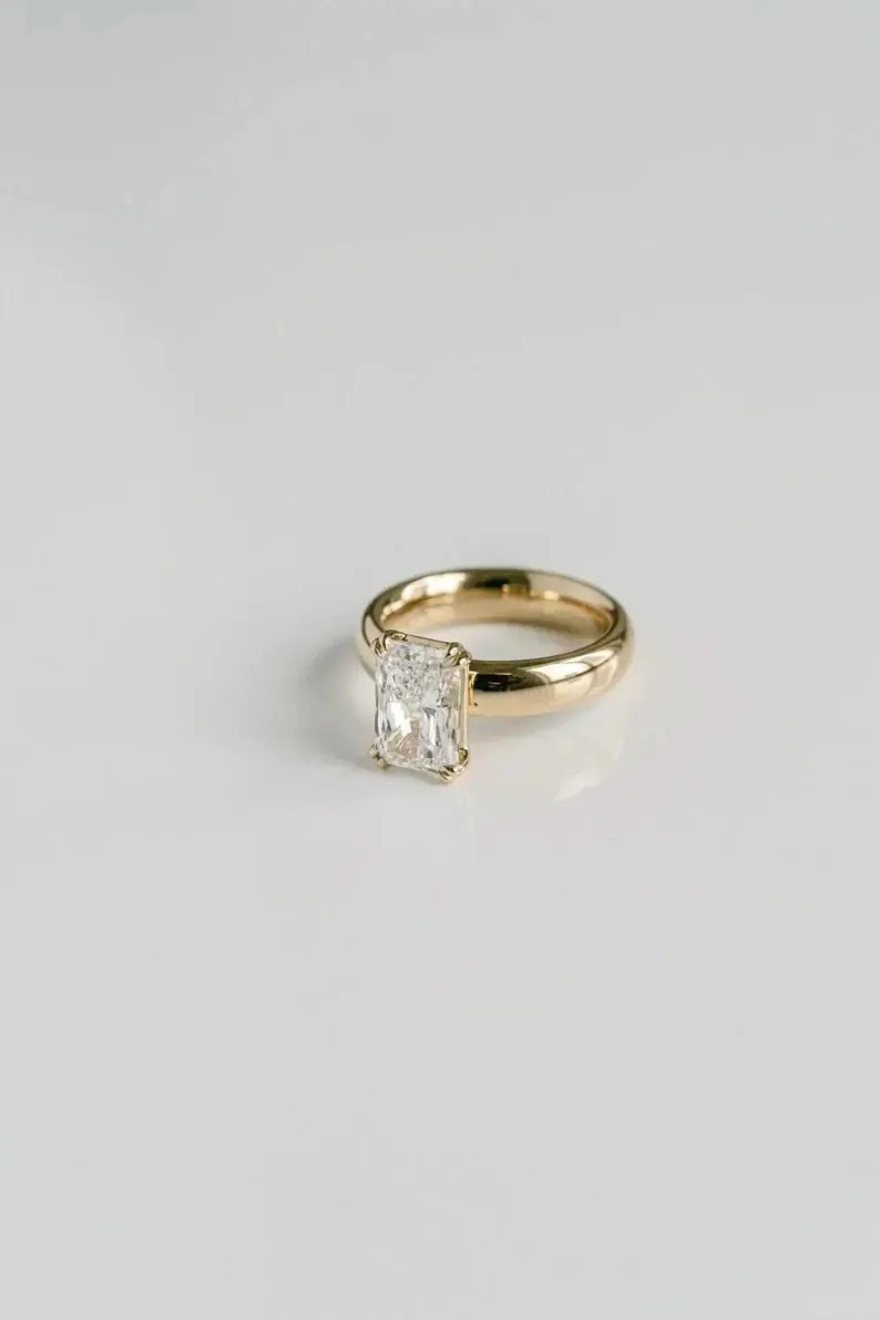 Emerald Cut Moissanite Engagement Ring, Diamond Solitaire Single Stone Ring, Wide Band Promise Wedding Bridal Ring, Anniversary Gift Ring