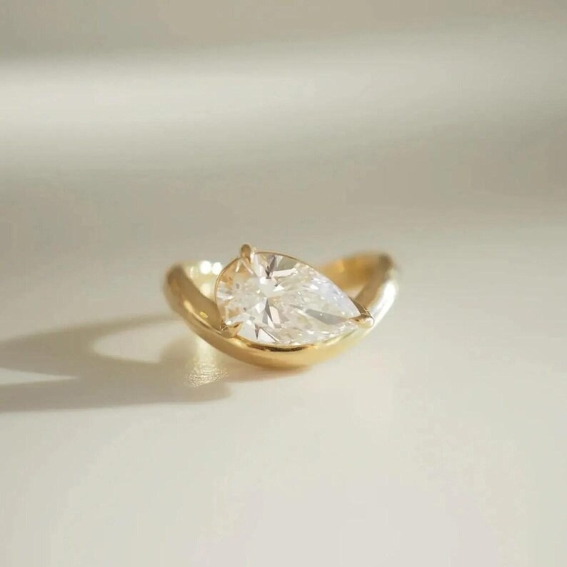 Moissanite Wave Shank Ring, Horizontal Tear Drop Unique Bridal Ring, 18K Yellow Gold Diamond Engagement Ring, Solitaire Promise Wedding Ring