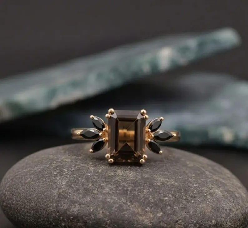 Smoky Quartz & Black Onyx Ring, Emerald Cut Wedding Ring, Cluster Bridal Ring, 14K Solid Gold Anniversary Ring, Double Prong Setting Ring