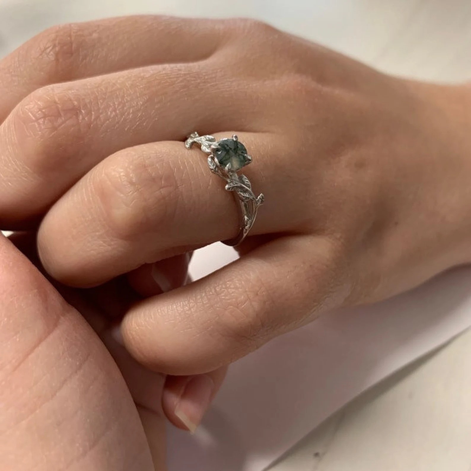 Vintage moss agate engagement ring Art deco leaf promise ring Nature inspired solid 14K 18K white gold cluster ring Unique Anniversary gifts