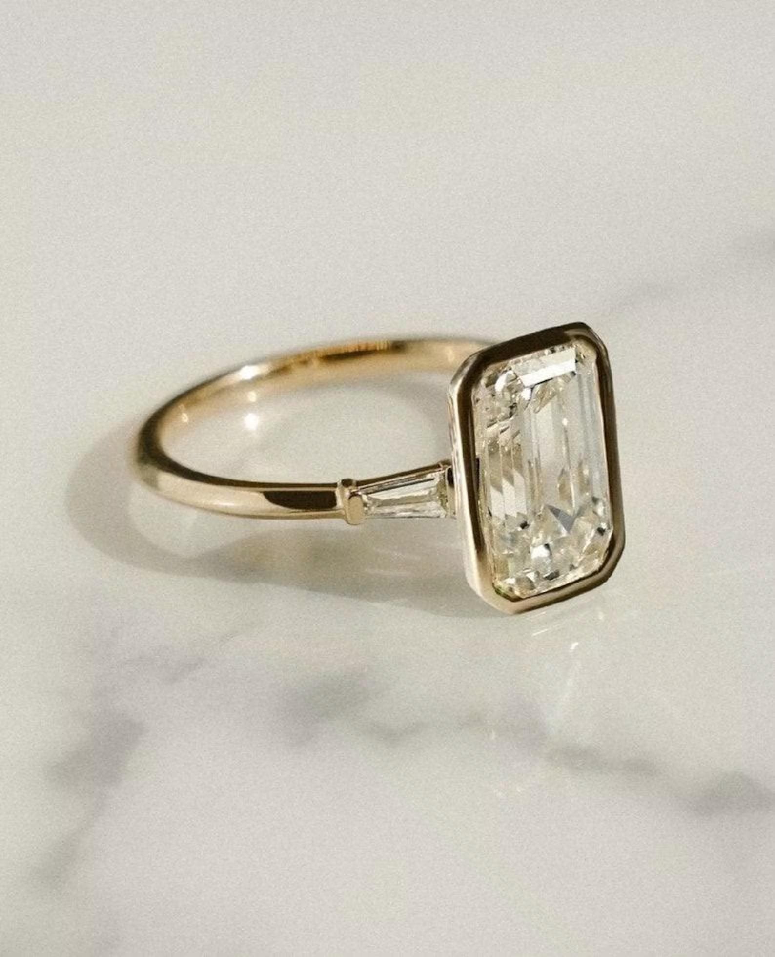 2 CT Emerald Cut Moissanite Engagement Ring, Three Stone Wedding Ring, Full Bezel Set Baguette Cut Side Tapper Ring Anniversary Ring For Her