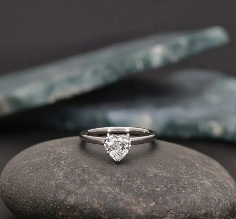 Heart Cut Lab Grown Diamond Engagement Ring | 1.01 CTW IGI Certified Diamonds | Solitaire Ring with Secret Halo Diamonds, Vintage Heart Cut