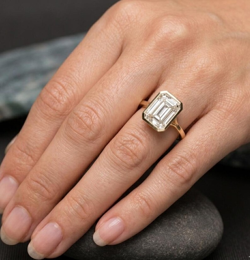 3 CT Emerald Cut Moissanite Engagement Ring 14K Gold Ring Bezel Set Wedding Rings Moissanite Bezel Set Solitaire Ring Promise Ring for Women