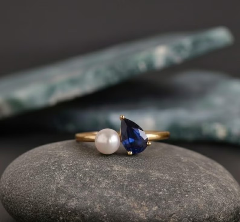 Toi et Moi Pearl And Sapphire Engagement Ring, Cluster Round & Pear Cut Two Stone Wedding Ring, Vintage Prong Set Anniversary Ring For Her
