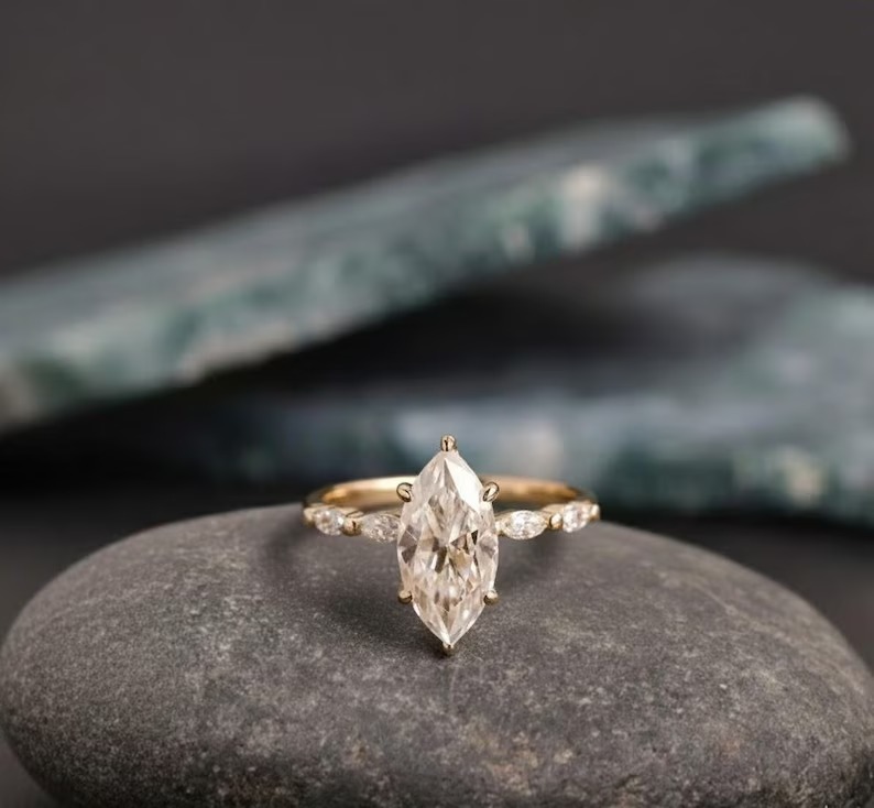 Marquise Cut Moissanite Engagement Ring, Hidden Halo Weeding Ring With Marquise Side Gemstone Accent Ring, Anniversary & Bridal Gift For Her