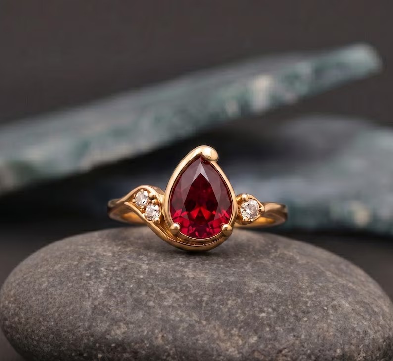 Ruby Ring-14k Solid Gold Ring, Pear Cut Red Gemstone Gold Ring with Diamond Accents, Vintage Red Ruby Promise Ring for Women, Bridal Jewelry