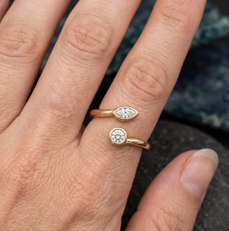 Open Diamond Ring In 14K Gold:- Marquise Cut Round Moissanite Engagement Ring, Handmade Open Wedding Band, Anniversary Gift, Christmas Gift