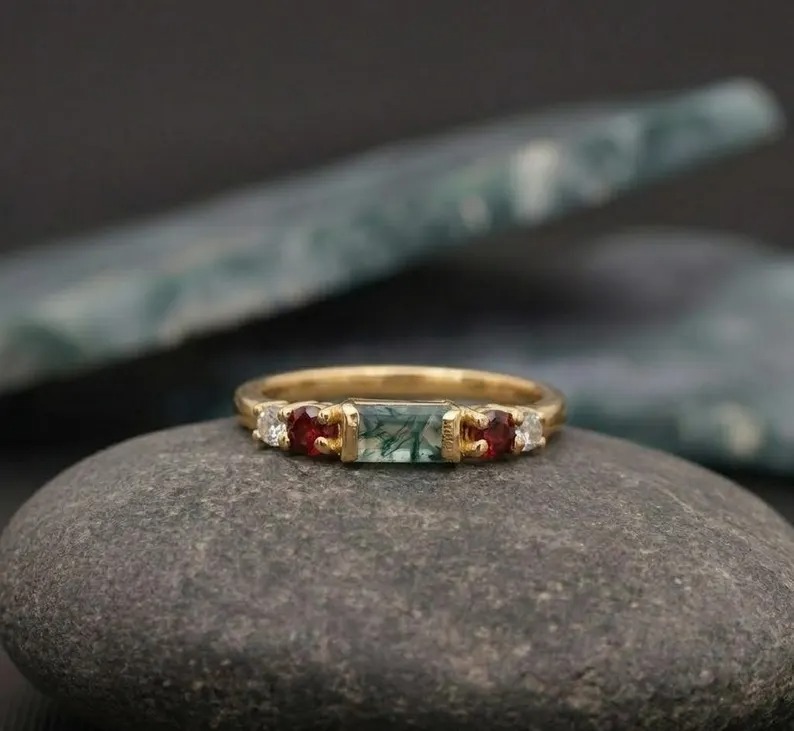 Moss Agate Garnet Ring-18k Gold Plated Vermeil Ring, Vintage Five Stone Band, Solitaire Jewelry, Dainty Diamond Cluster Ring, Christmas Gift