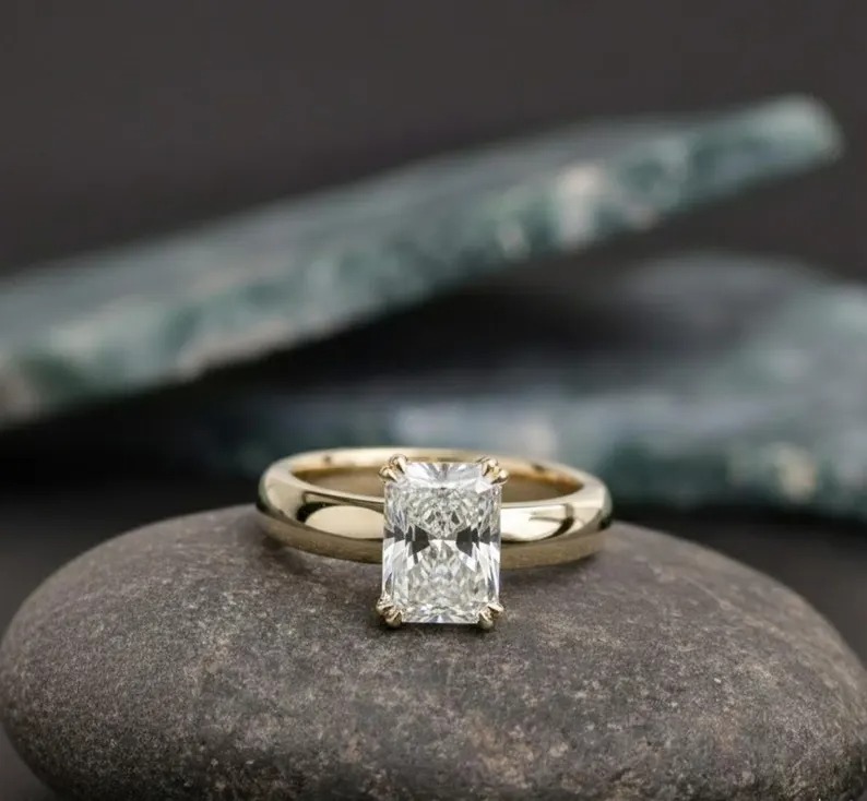 Emerald Cut Moissanite Engagement Ring, Diamond Solitaire Single Stone Ring, Wide Band Promise Wedding Bridal Ring, Anniversary Gift Ring