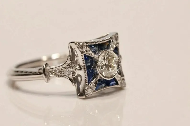 Antique Inspired Old European Diamond Ring – Edwardian Sapphire Engagement Ring – Art Deco Vintage Proposal Ring – Victorian Gift for Women
