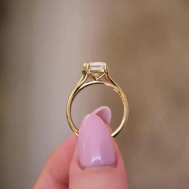 Emerald Cut Moissanite Solitaire Ring, Dainty 14K Gold Split Shank Ring, Diamond Solitaire Bridal Promise Ring, Anniversary Gift For Women