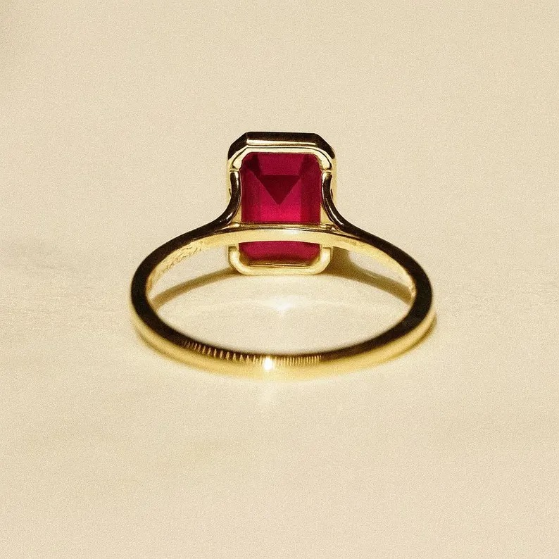 Emerald Cut Bezel Set Solitaire Single Stone Ring, Delicate Red Gemstone Ring, Bezel Set Engagement Ring, July Birthstone Jewelry Gift Her