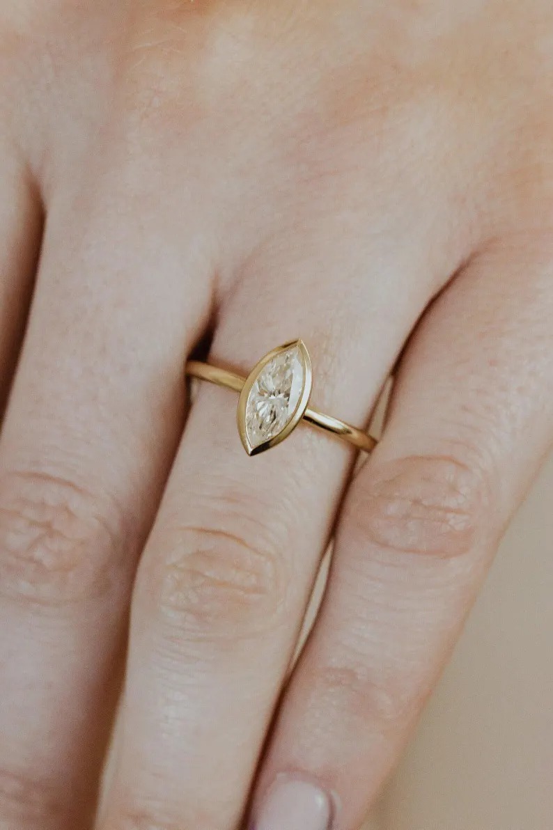 Marquise Cut Moissanite Engagement Ring, Diamond Wedding Ring, 14k Solid Gold Solitaire Bezel Set Anniversary Gift, Single Stone Bridal Gift