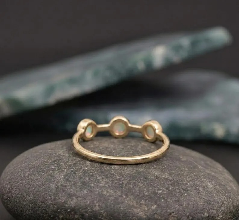 Round Opal Wedding Band, Rose Gold Vintage Round Fire Opal Stackable Matching Band, Art Deco Half Eternity Band, Anniversary Ring For Women