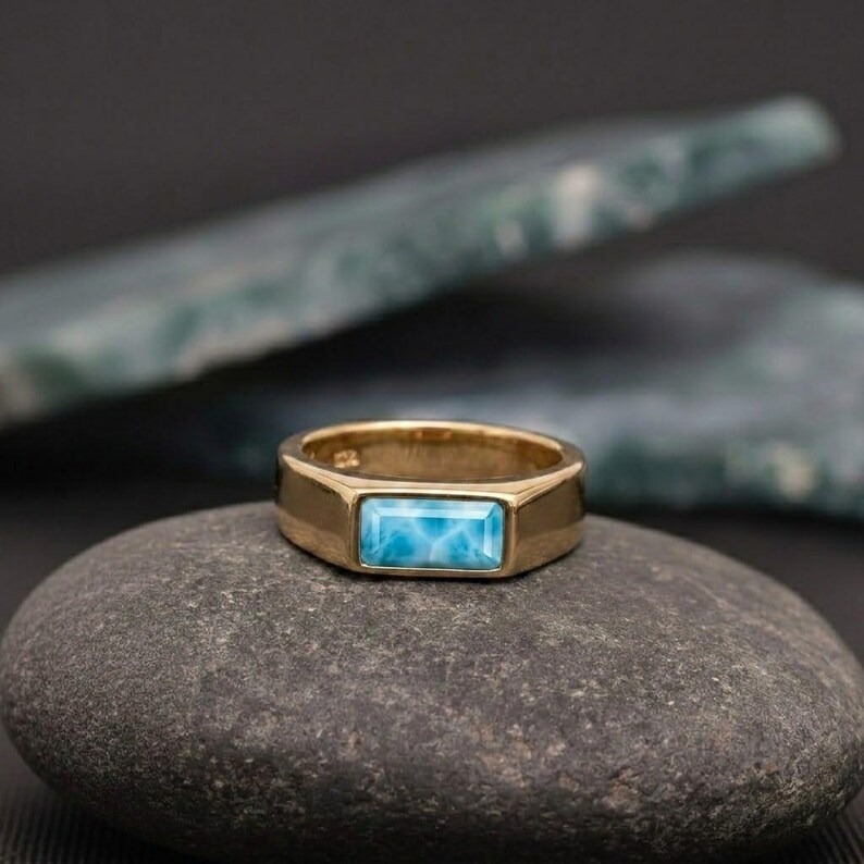 Dainty Blue Larimar 14k Gold Signet Ring, Minimalist Unisex Statement Ring, Baguette Gemstone Ring, Promise Ring, Christmas Gift For Her