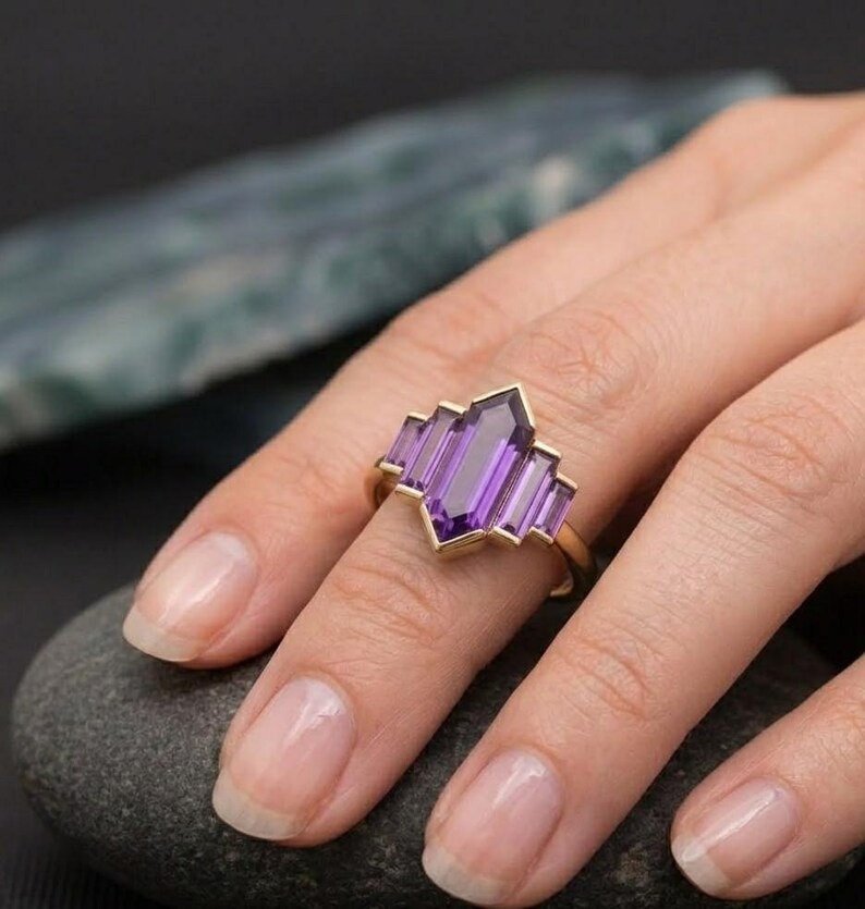 Hexagon Cut Purple Amethyst Ring, Unique Rose Gold Engagement Ring, Baguette Cut Ring Bezel Set Ring Vintage Bridal Wedding Anniversary Ring