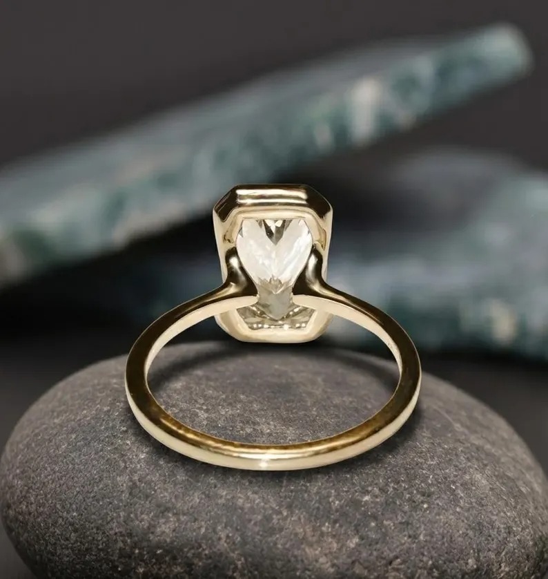2 CT Emerald Cut Moissanite Engagement Ring, Half Bezel Set Anniversary Ring, Modern Classic Wedding Jewelry Gift For Her, Minimalist Ring