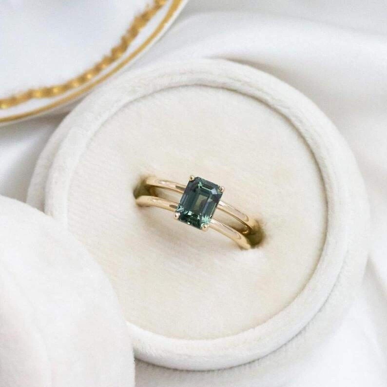 Unique Teal Sapphire Engagement Ring, Emerald Cut Peacock Sapphire Cluster Wedding Ring, Double Band Bridal Ring, Art Deco Promise Ring