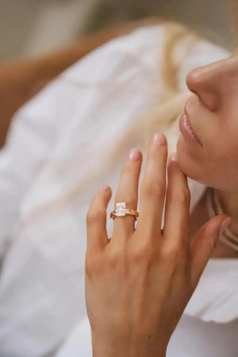 Emerald Cut Moissanite Engagement Ring, Diamond Solitaire Single Stone Ring, Wide Band Promise Wedding Bridal Ring, Anniversary Gift Ring