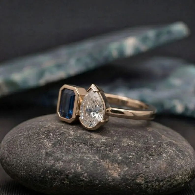 Two Stone Bezel Sapphire Moissanite Ring, Toi Et Moi Ring, Pear & Emerald Cut Gemstone Ring, 14k Rose Gold Ring, Anniversary Gift For Her