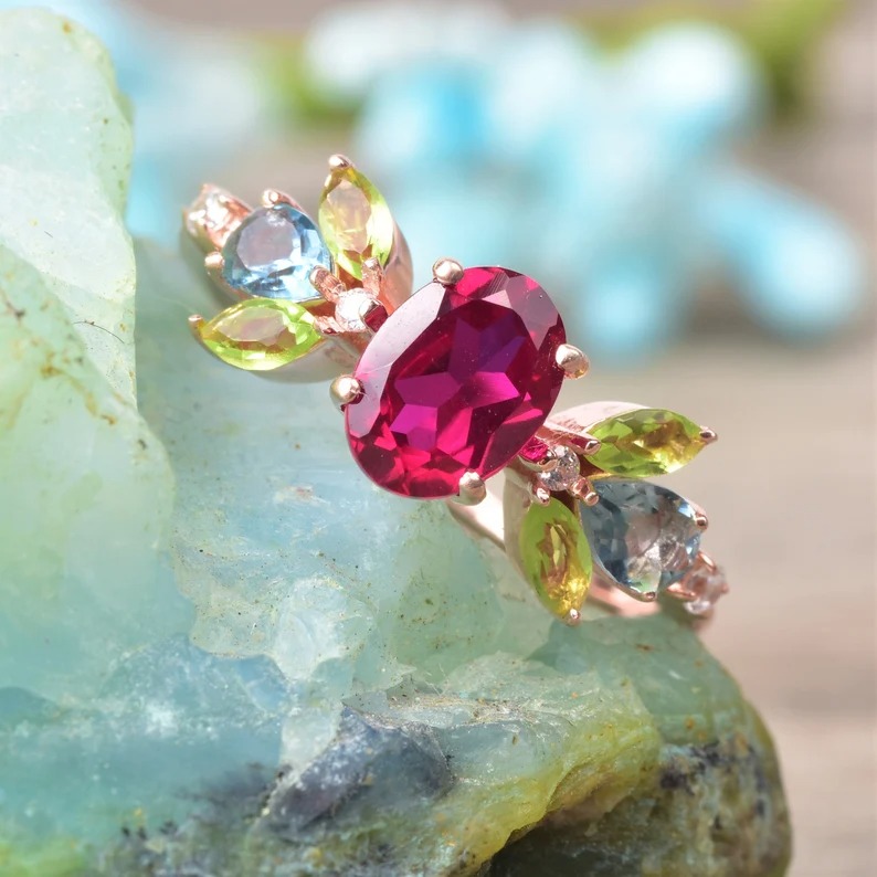 Beautiful Ruby Peridot Engagement Ring, 925 Solid Sterling Silver Ring, Ruby Cluster Ring, Ruby Aquamarine& peridot Ring Multi Gemstone Ring