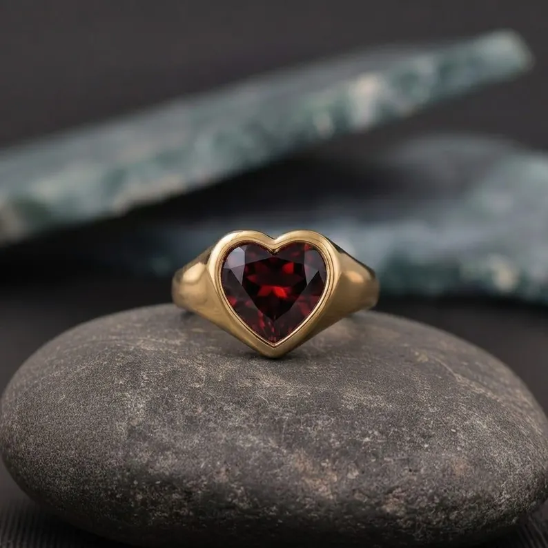 Heart Cut Garnet Bezel Engagement Ring, 9K Rose Gold Solitaire Ring, January Birthstone Heart Shape Ring Gift for Her, Promise Gift Ring