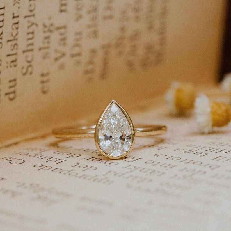 2CT Pear Cut Moissanite Engagement Ring, 14K Yellow Gold Ring, Bezel Set Solitaire Ring, Minimalist Bridal Ring for Her, Personalized Gift