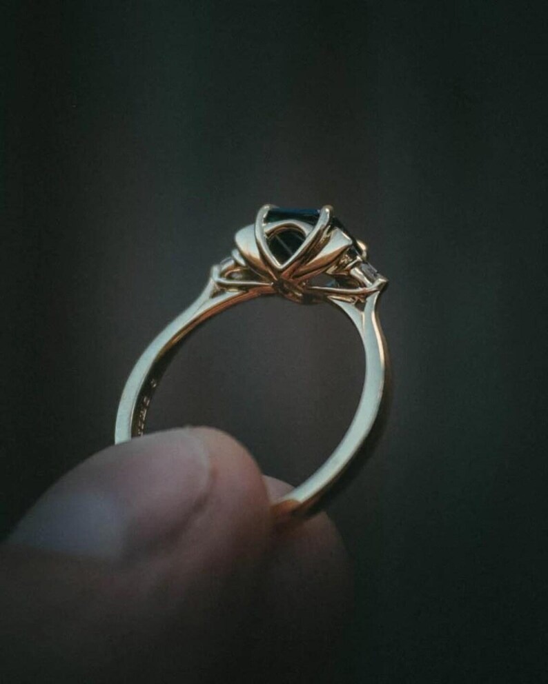 Princess Cut Sapphire Engagement Ring, Personalized Gift For Women, Baguette Art Deco Round Diamond Cluster Ring, Teal Sapphire Gift Ring