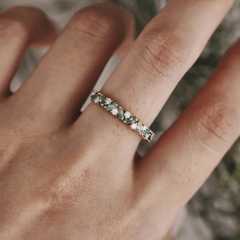 Moss Agate Cluster Wedding Band Bridal Moissanite Ring Promise Anniversary Matching Ring Unique Jewelry Half Eternity Band Gift For Love