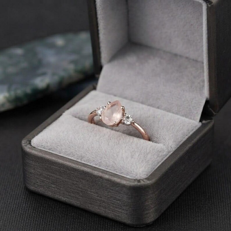 Natural Rose Quartz Three Stone Accent Ring, 925 Sterling Silver Ring For Her, Dainty Promise Ring, Pear Cut Rose Quartz Engagement Ring