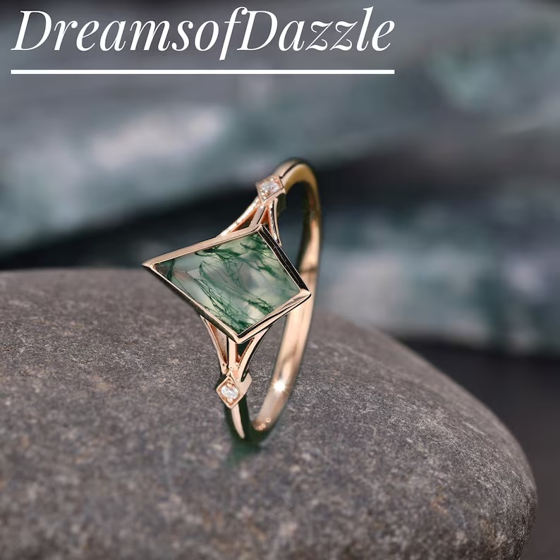 Vintage kite cut green moss agate engagement ring set 14k white gold marquise cut diamond ring for women unique bridal wedding ring set gift