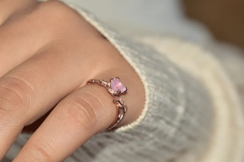 1ct Round Cut Natural Pink Rose Quartz Ring Rose Gold Simple Engagement Rings Leaf Solitaire Ring Heal Crystal Ring Natural Stone Ring Gift