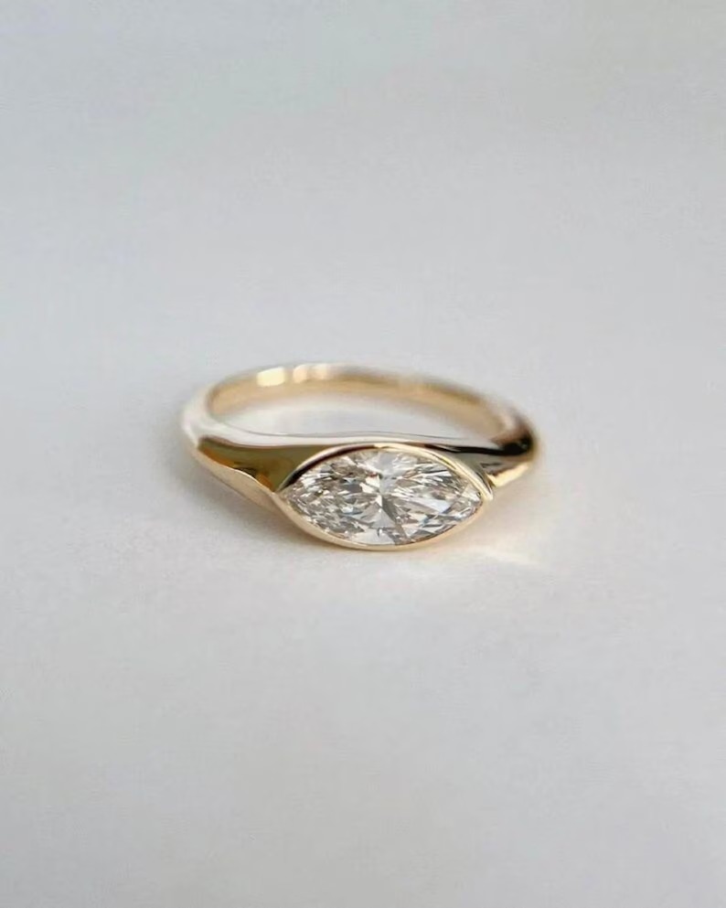 Marquise Moissanite Ring: East-West Sterling Silver Signet, Bezel Set Diamond wedding ring, Promise Ring Diamond Solitaire Delicate Ring