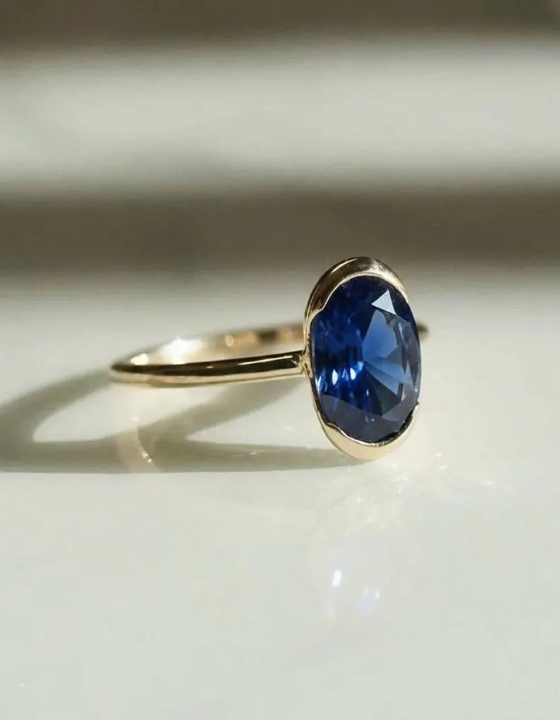 3 CT Fancy Half Bezel Setting Oval Cut Sapphire Engagement Ring, Solitaire Oval Wedding Ring, Personalized Jewelry, Sapphire Gifts For Women