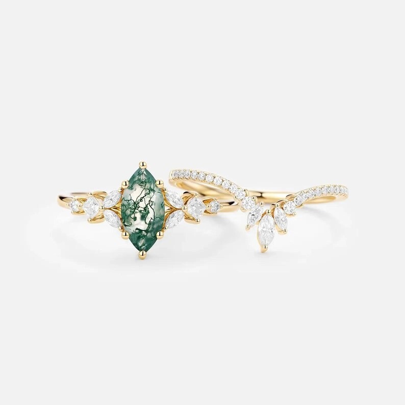 Marquise Cut Moss Agate Engagement Ring Set, Vintage Cluster Curved Moissanite Wedding Ring, Nature Inspired Anniversary Ring Set For Women