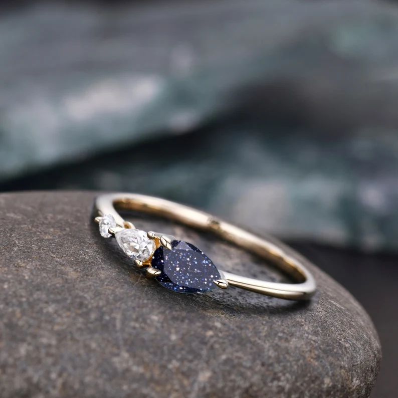 Vintage Sandstone Engagement Ring, Pear Cut Gems, Art Deco Moissanite Wedding Ring,3 Stone Unique Women Bridal Promise Ring, Customized Ring