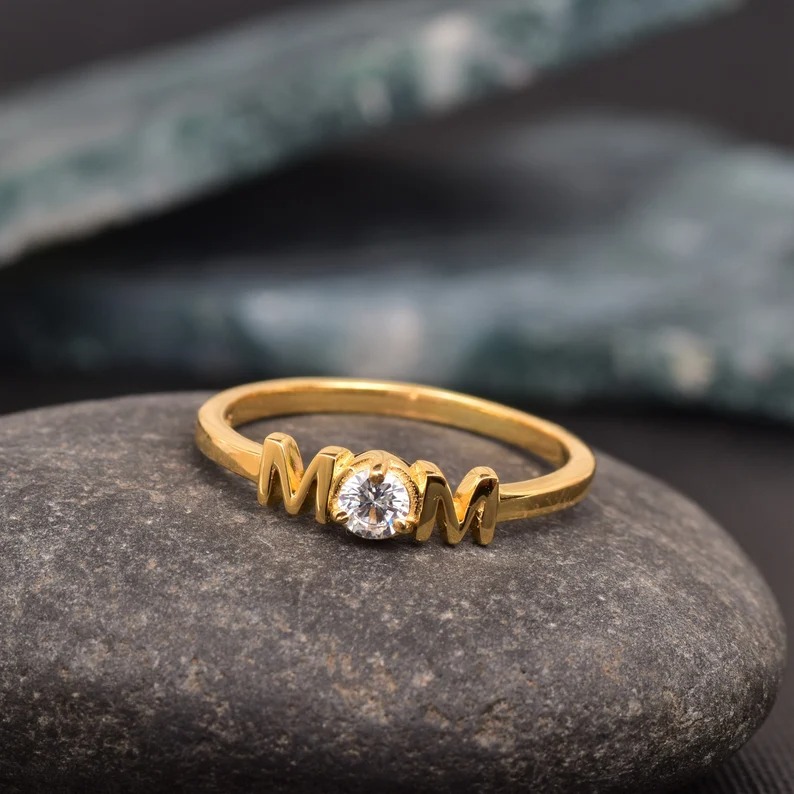 14K Gold Moissanite Mom Ring, Mama Ring, Gift for Mom, Personalized Gift For Mom, Mother's Ring Silver, Script Mom Ring, Minimalist Mom Ring