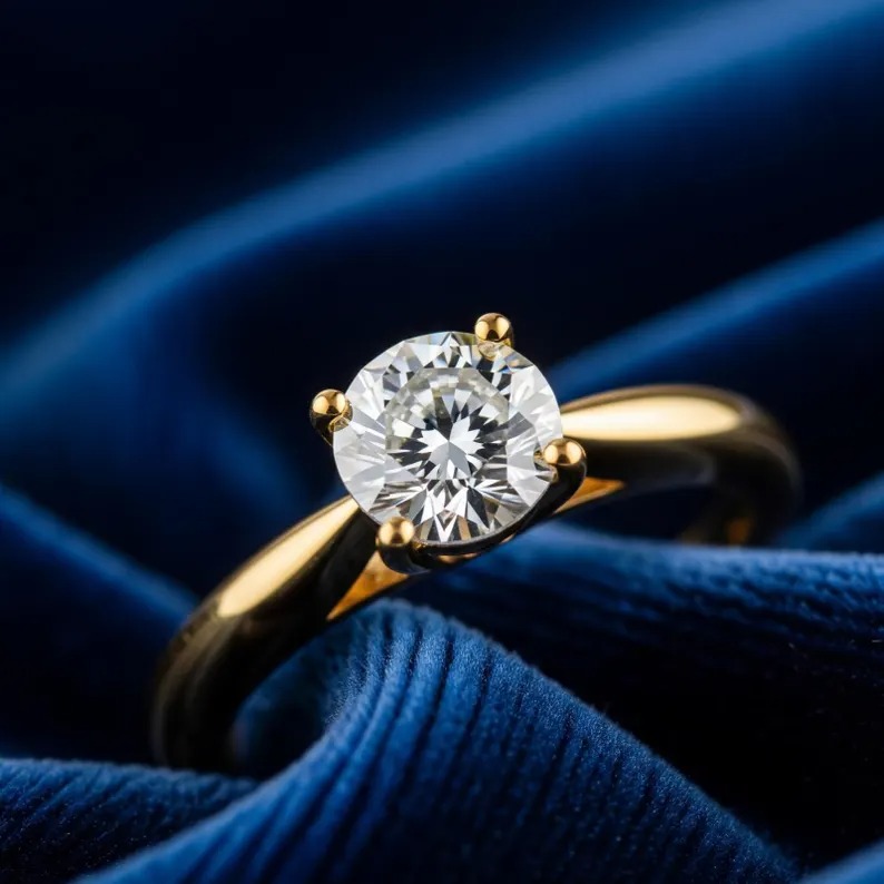 14K Handmade Gold Solitaire Ring Brilliant Round Cut Moissanite Single Stone Engagement Ring, Minimalist Gold Jewlery, Anniversary Gift Ring