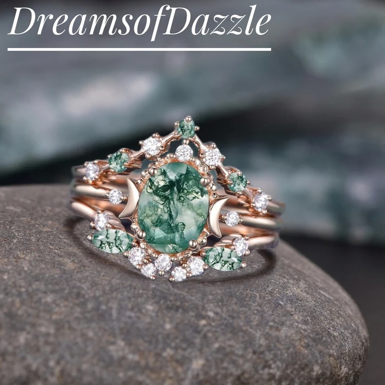 1.5ct Vintage Moon Engagement Ring Celestial Wedding Ring Set Oval Cut Moissanite Engagement Ring Set Rose Gold Women Bridal Set Unique