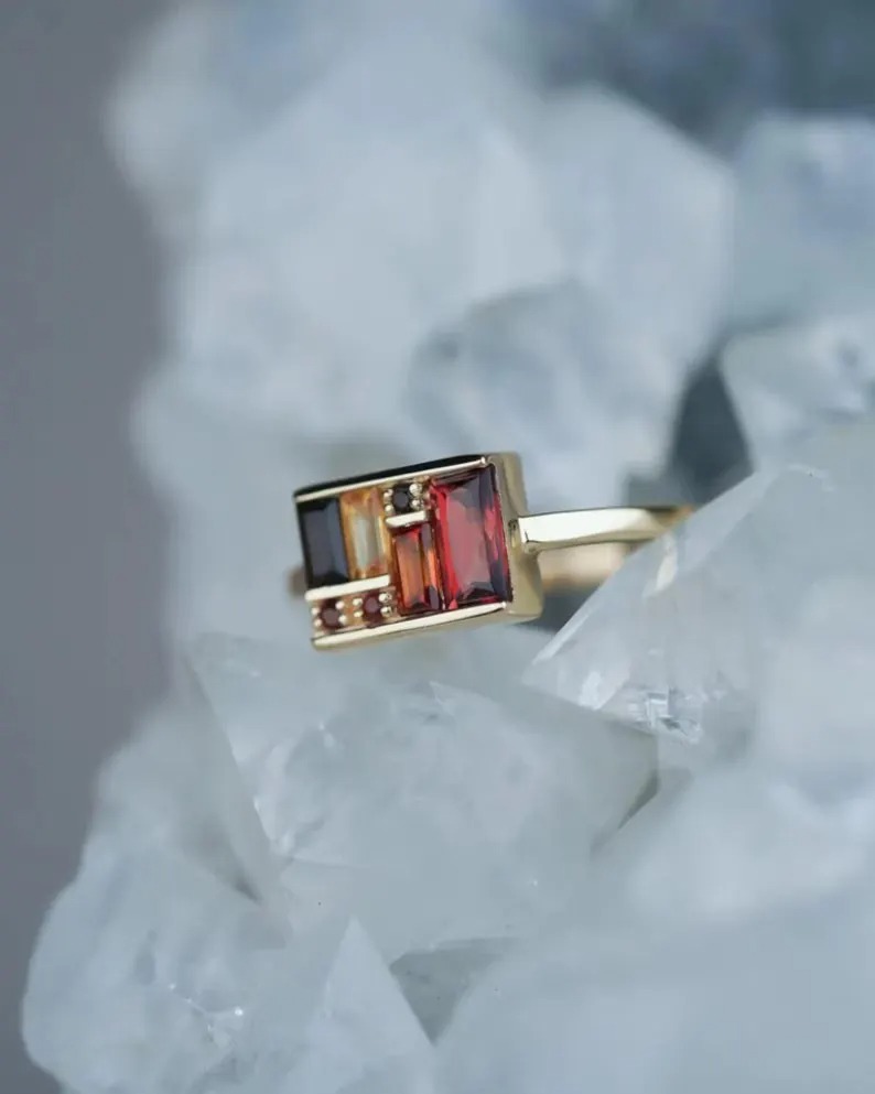 Unique Multi Gemstone Box Ring 14K Solid Gold Baguette Garnet Statement Ring, Art Deco Engagement Ring, Fine Jewelry Valentines Gift For Her