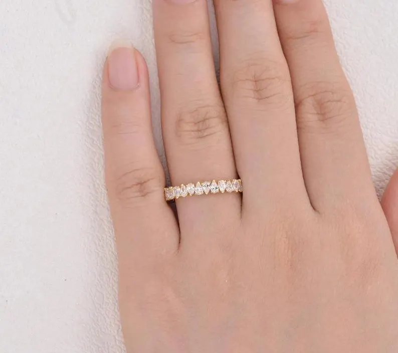 Pear Cut Moissanite Wedding Band, Vintage Full Eternity Stacking Gold Band, Minimalist Anniversary Band, Dainty Bridal Gold Vintage Jewelry