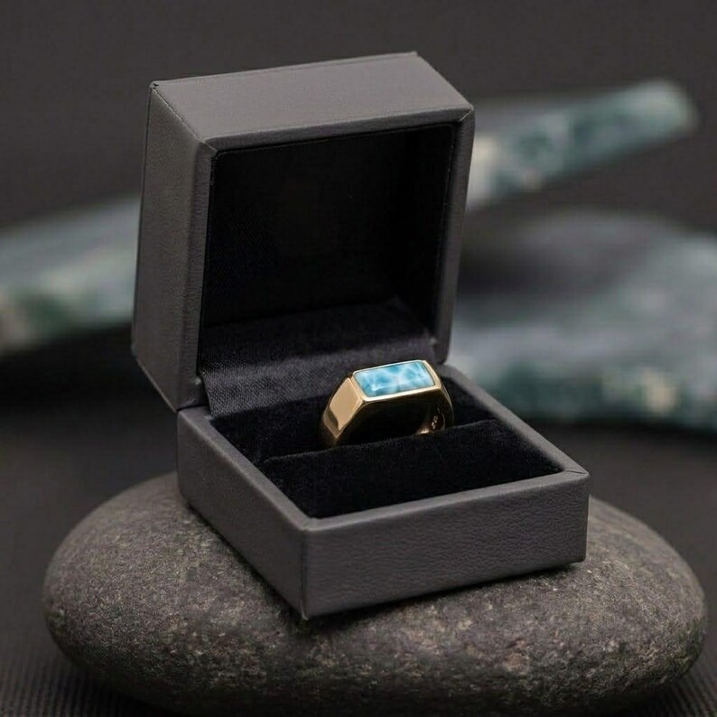 Dainty Blue Larimar 14k Gold Signet Ring, Minimalist Unisex Statement Ring, Baguette Gemstone Ring, Promise Ring, Christmas Gift For Her