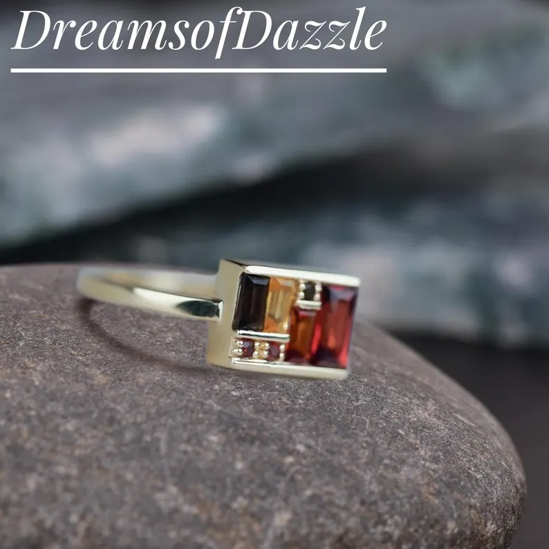 Unique Multi Gemstone Box Ring 14K Solid Gold Baguette Garnet Statement Ring, Art Deco Engagement Ring, Fine Jewelry Valentines Gift For Her