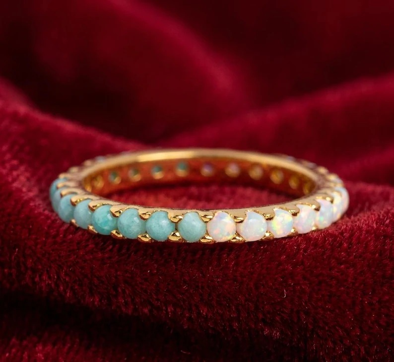 Vintage Solid Gold Full Eternity Band, Opal & Turquoise Solitaire Wedding Band, Anniversary Gift For Wife, Round Natural Gemstone Ring